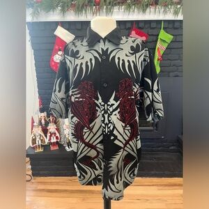 Y2K Tribal Button Up Shirt 2000’s black grey and red tribal print tattoo‎